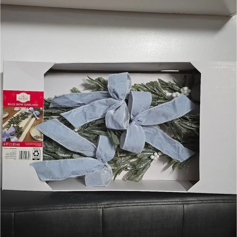 6 Ft Elegant Garland Featuring Blue Bows Greenery White Berries HOLIDAY WEDDING